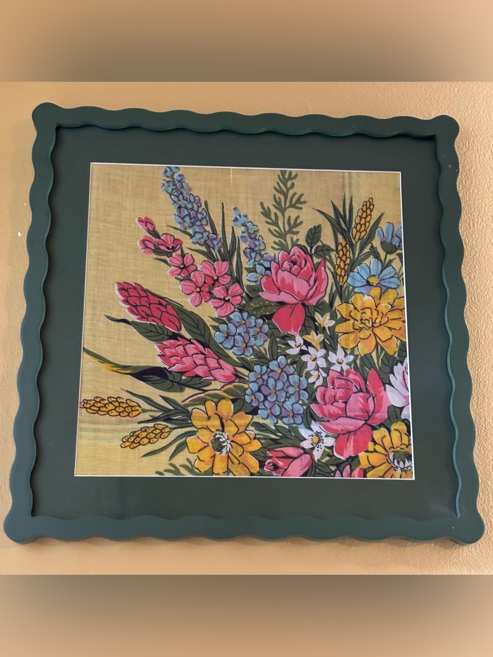 12 x 12 Floral Wall Art with Vintage Ladies Handkerchief in New Green Frame